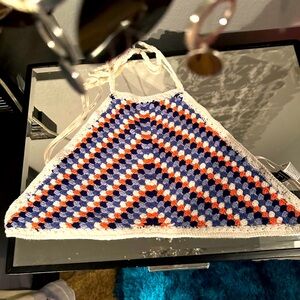 Crochet Halter Top in Blue, Orange, and White. Size small Forever 21. NWT